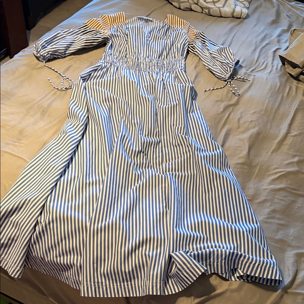 LOFT Blue and White Striped Maxi Dress with Yellow Shoulder Accents